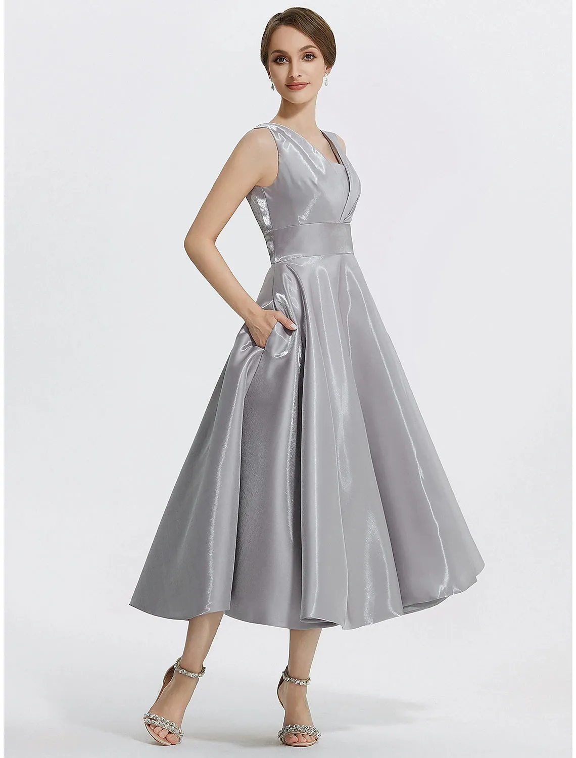 A-Line Cocktail Dresses Elegant Dress Formal Wedding Guest Tea Length Sleeveless V Neck Satin with Pocket