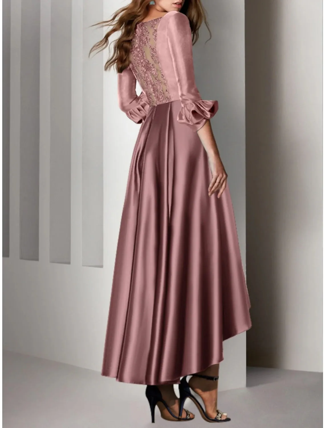 A-Line Cocktail Dresses Elegant Dress Wedding Guest Birthday Asymmetrical 3/4 Length Sleeve V Neck Satin with Bow(s) Pleats