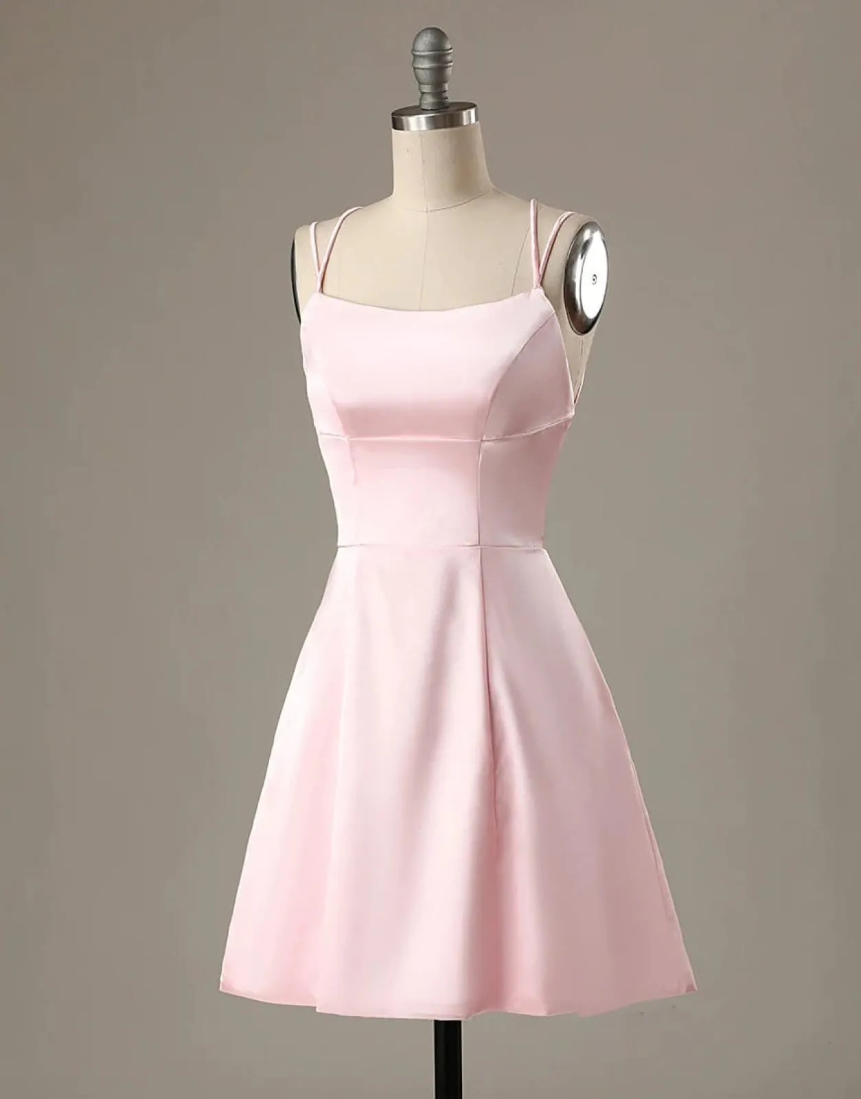 A-Line Pink Satin Double Straps Backless Short Homecoming Dress