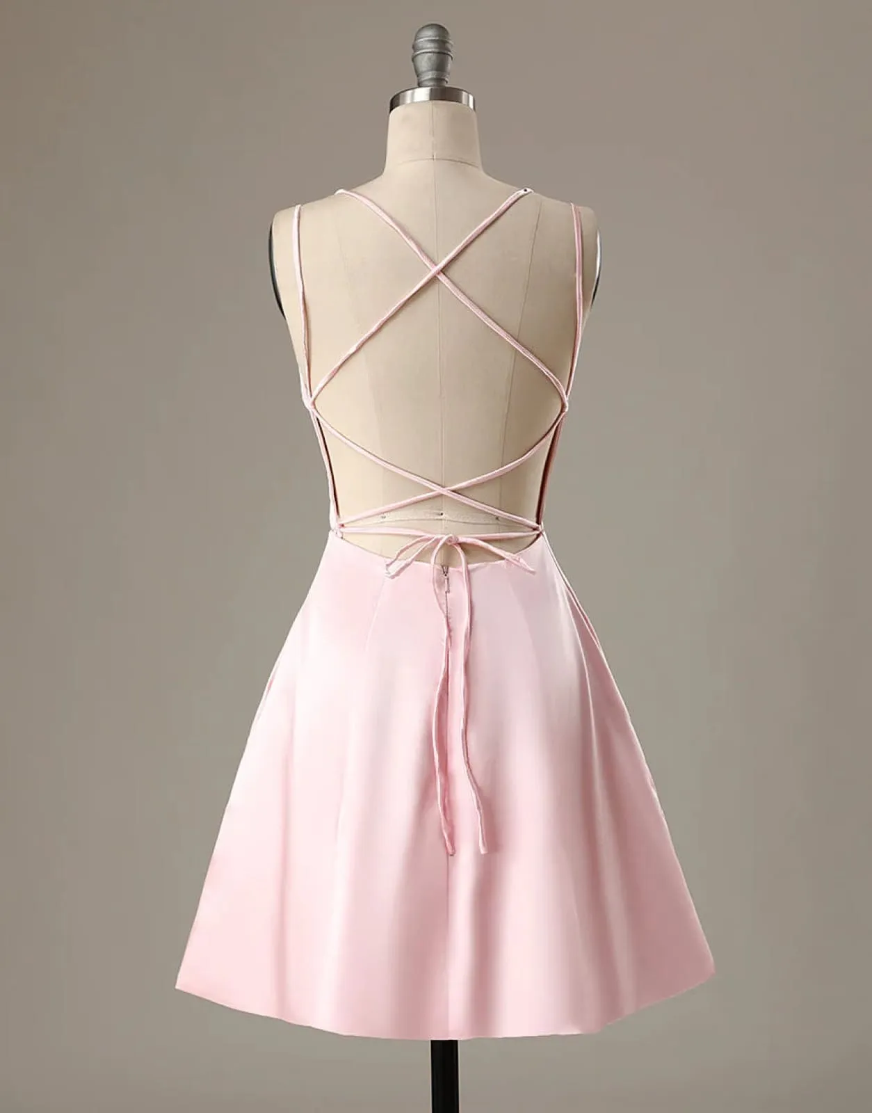 A-Line Pink Satin Double Straps Backless Short Homecoming Dress