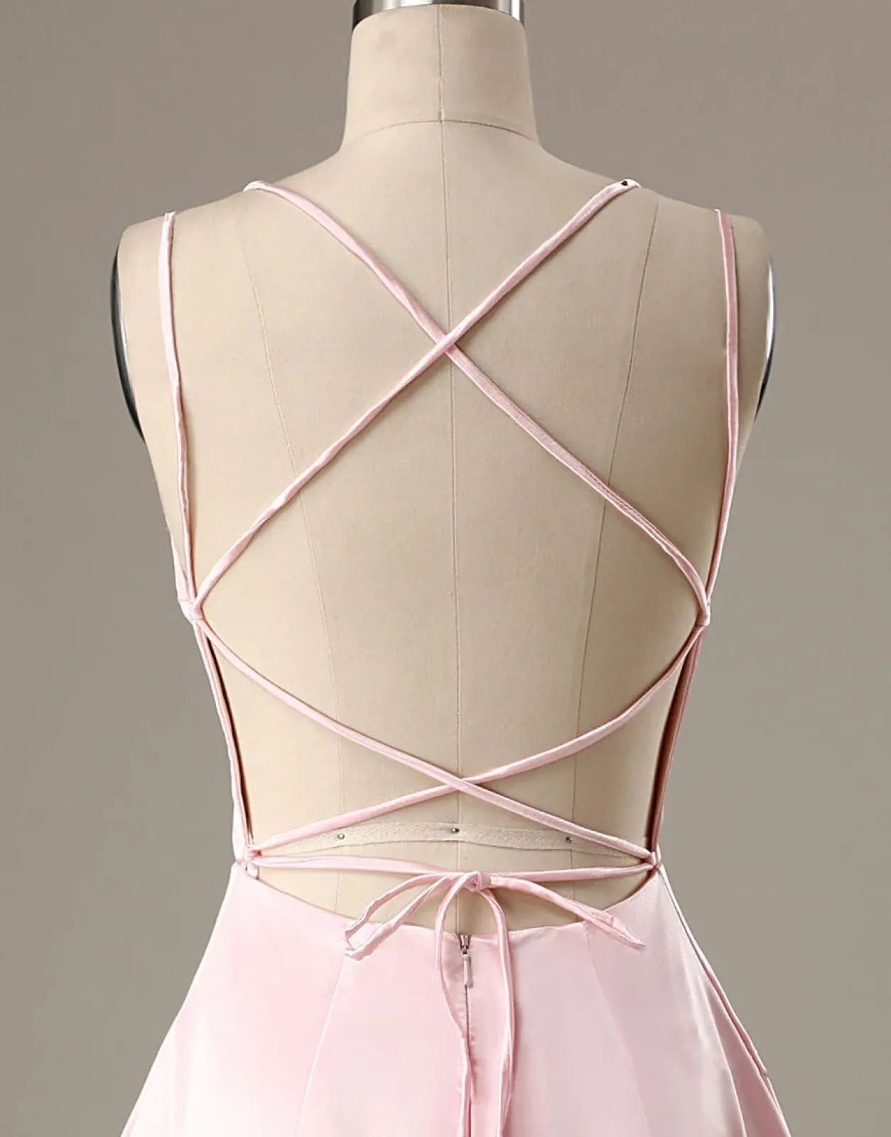 A-Line Pink Satin Double Straps Backless Short Homecoming Dress