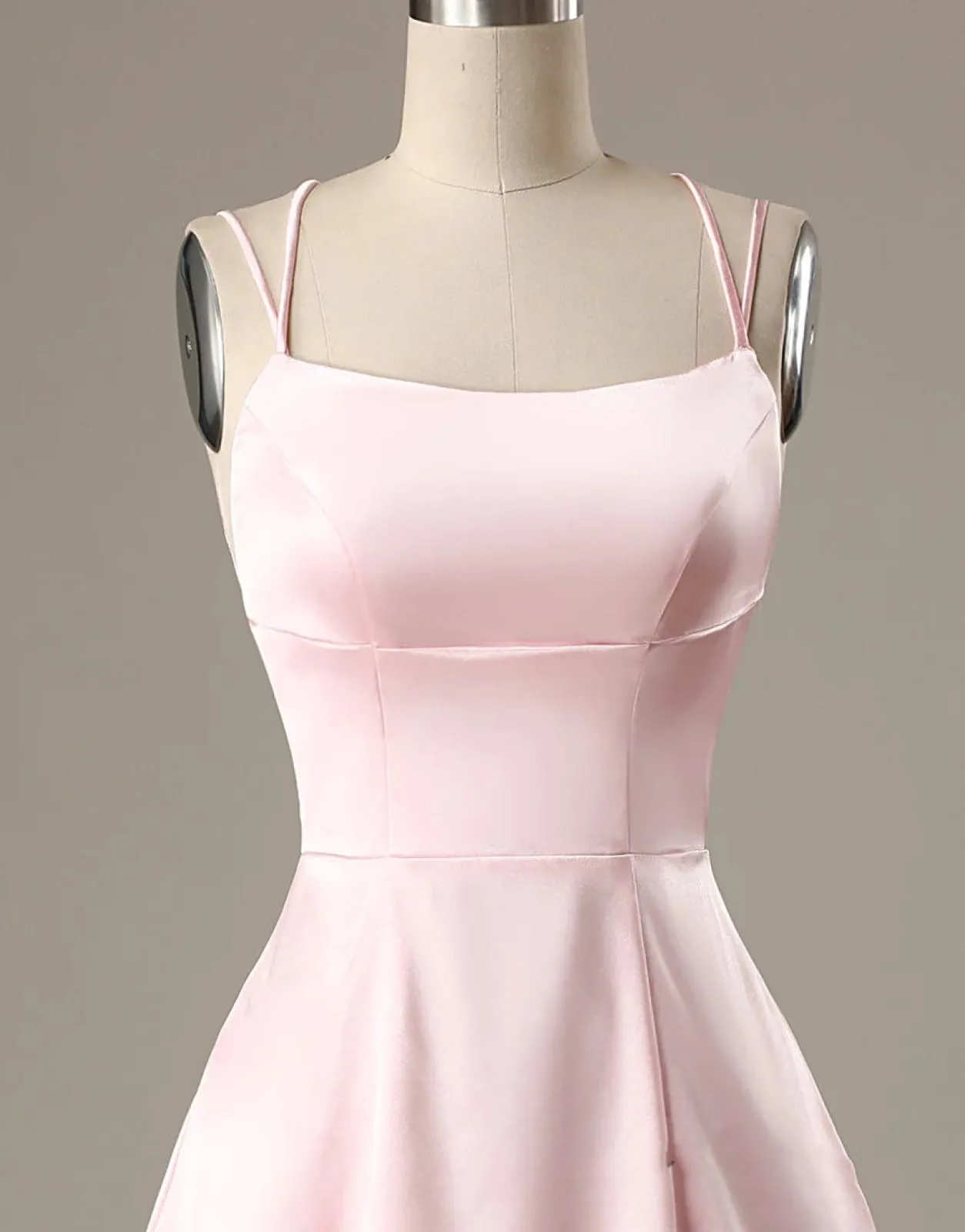 A-Line Pink Satin Double Straps Backless Short Homecoming Dress