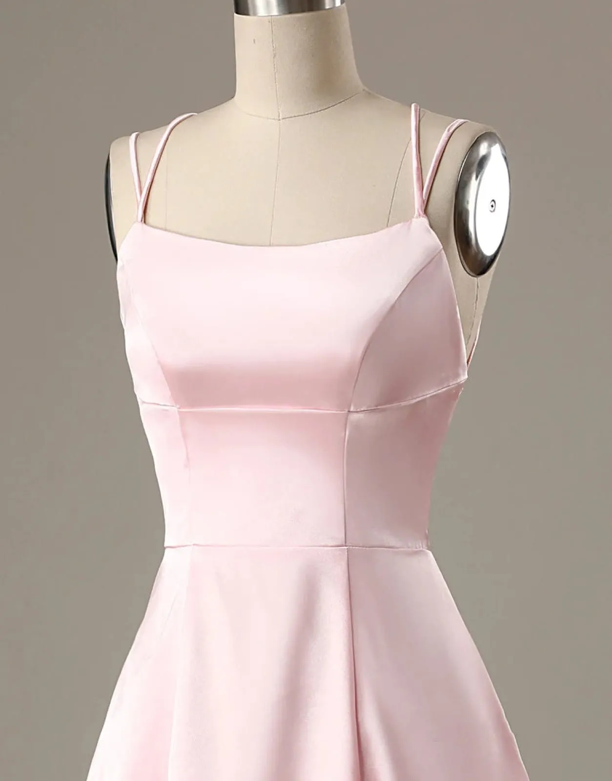 A-Line Pink Satin Double Straps Backless Short Homecoming Dress