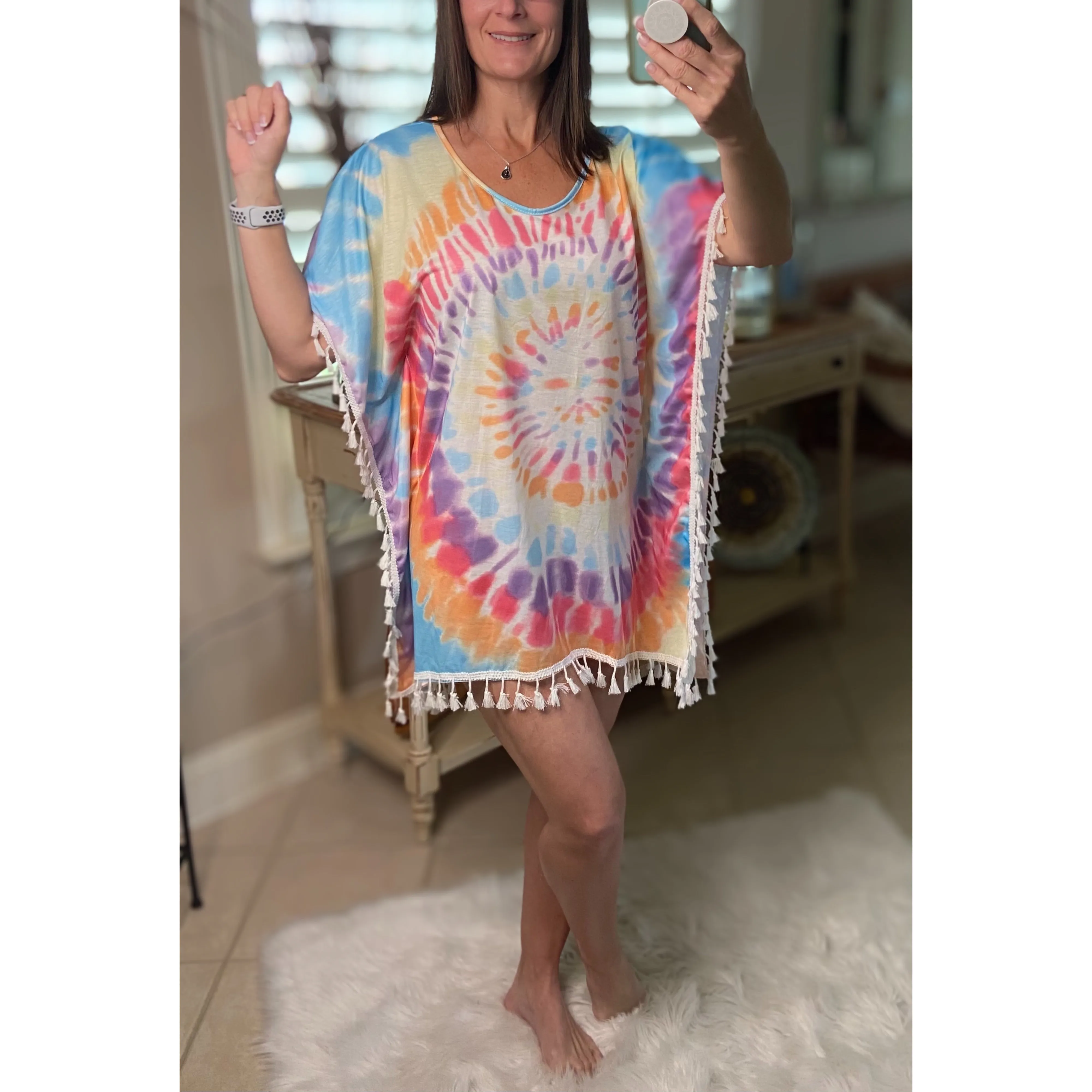 “Beach Bound” Tie Dye Beach Cover Up Pool Chic Boho Tassel Hem Mini Vibrant Vacation One Size