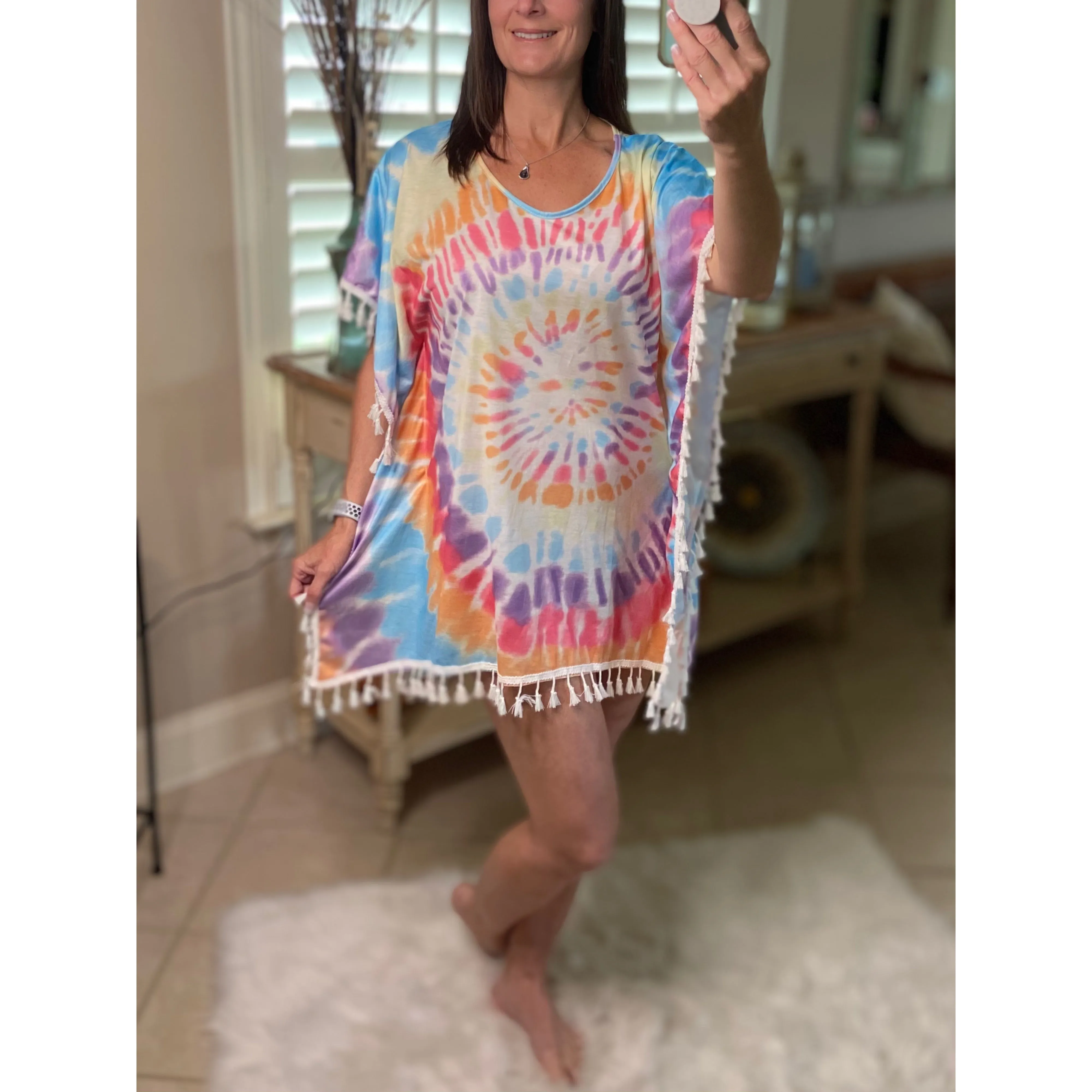 “Beach Bound” Tie Dye Beach Cover Up Pool Chic Boho Tassel Hem Mini Vibrant Vacation One Size