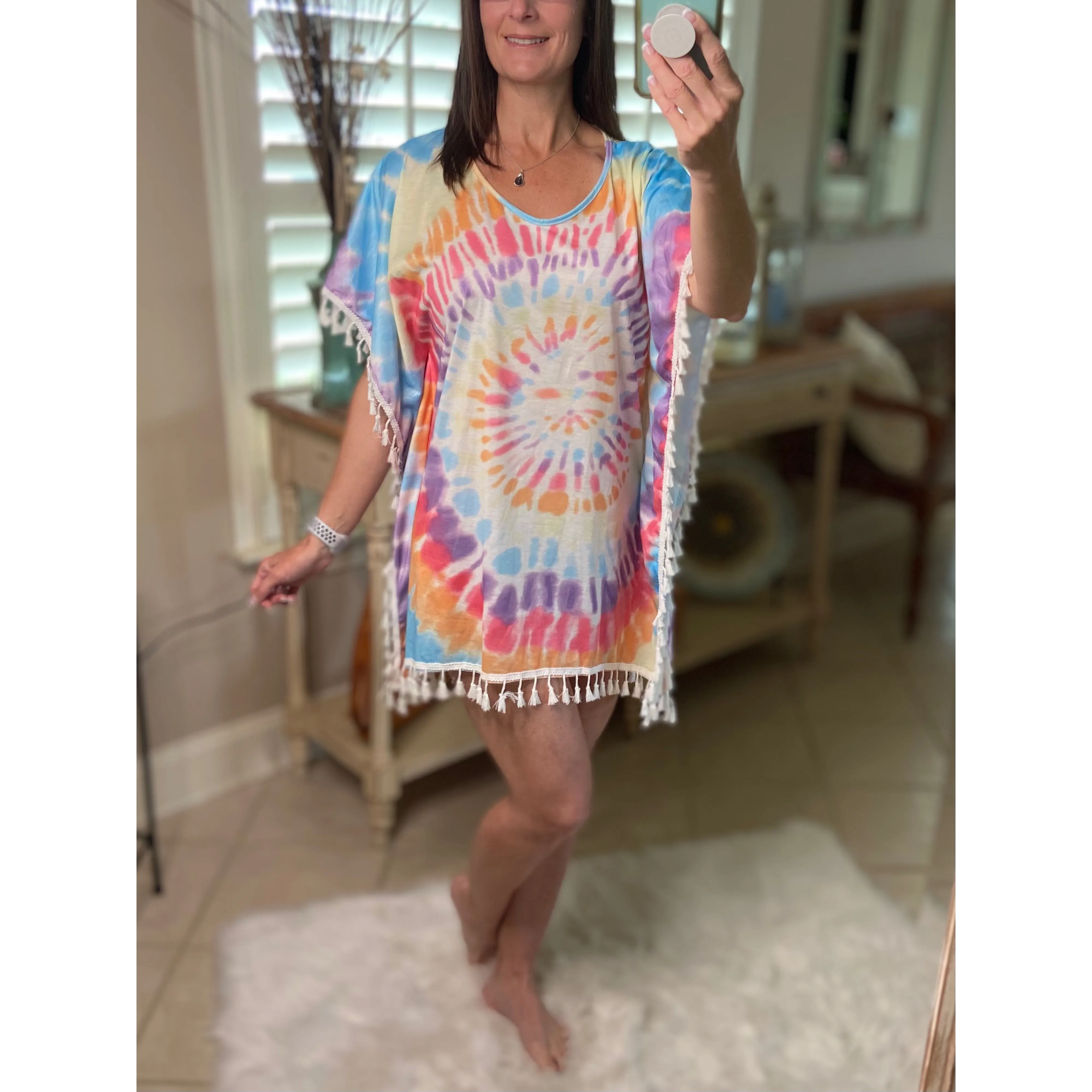 “Beach Bound” Tie Dye Beach Cover Up Pool Chic Boho Tassel Hem Mini Vibrant Vacation One Size