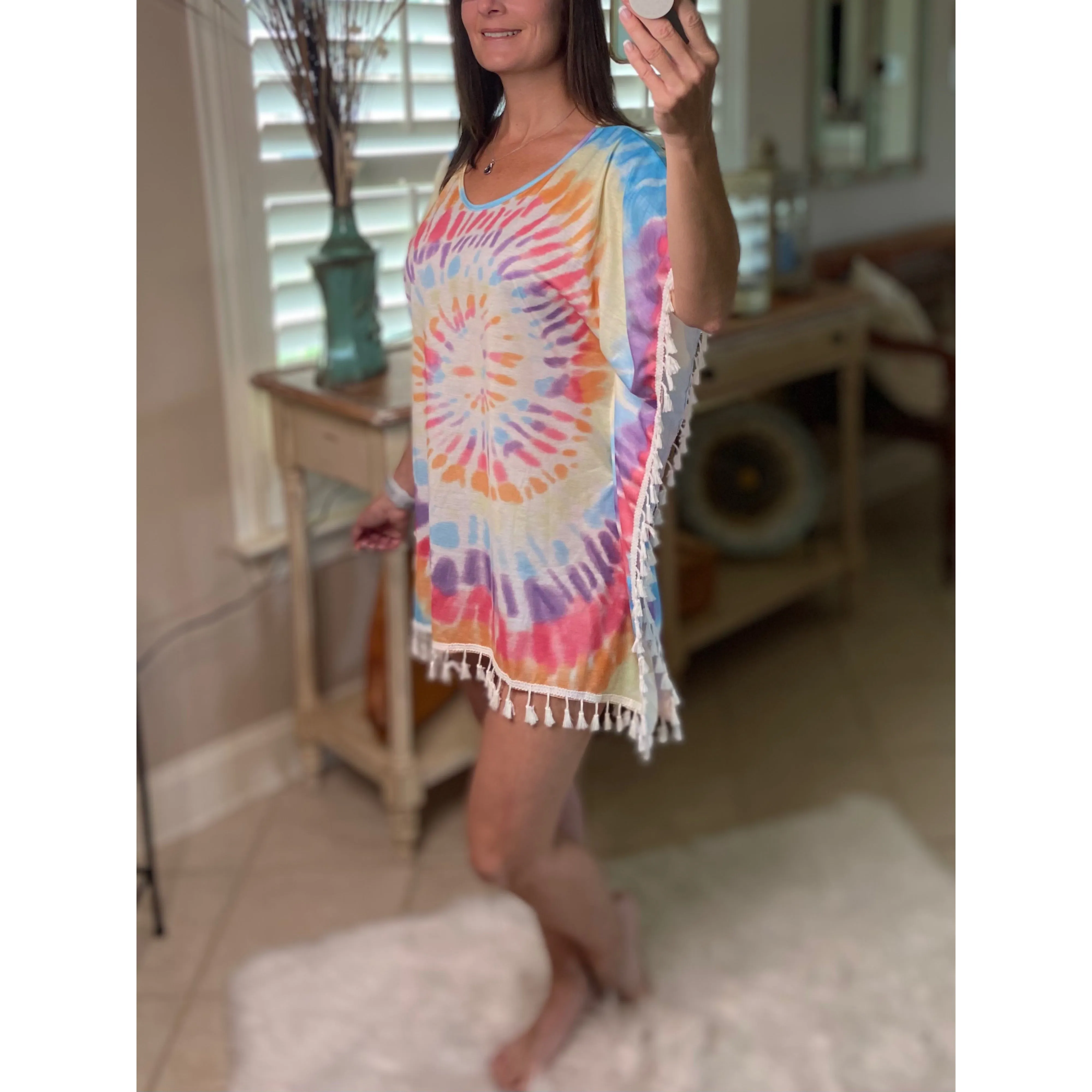 “Beach Bound” Tie Dye Beach Cover Up Pool Chic Boho Tassel Hem Mini Vibrant Vacation One Size