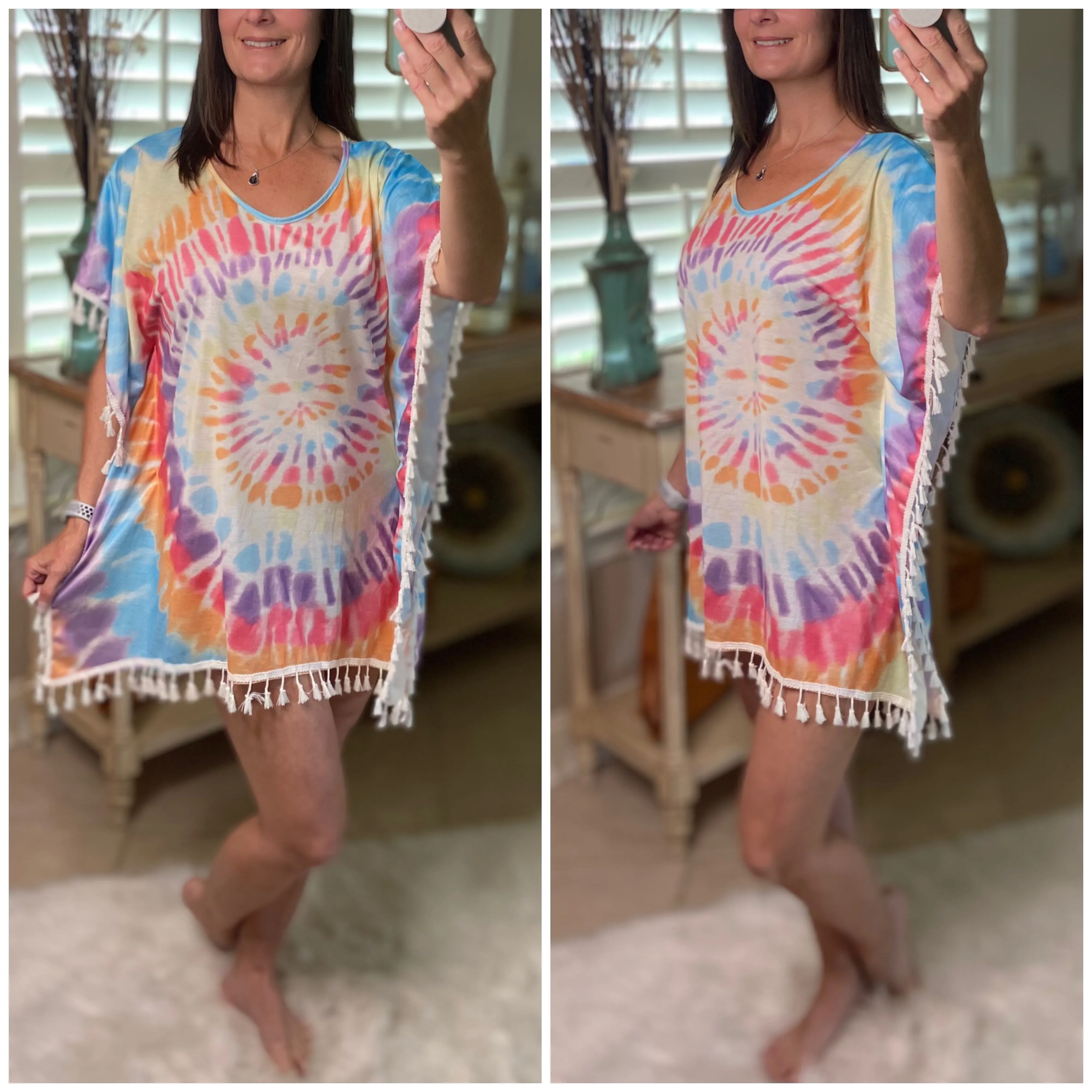 “Beach Bound” Tie Dye Beach Cover Up Pool Chic Boho Tassel Hem Mini Vibrant Vacation One Size