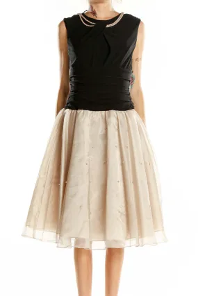 Black Beige Flare Pearl Embellished Dress