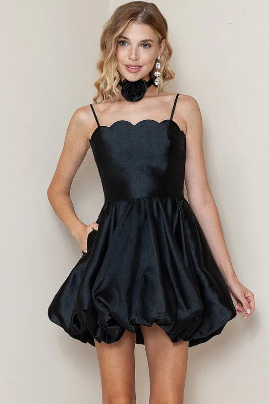 Black Sleeveless Scallop Bubble Hem Mini Dress