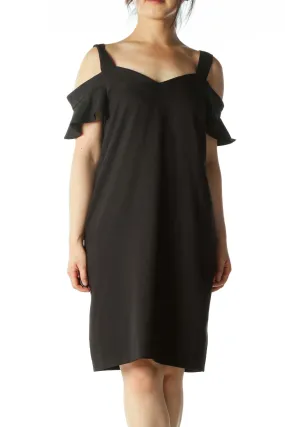 Black Square-Neck Cold-Shoulder Flared-Sleeves Dress