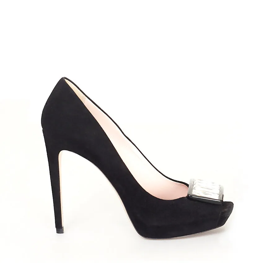 Black Suede Peep-toe Pumps