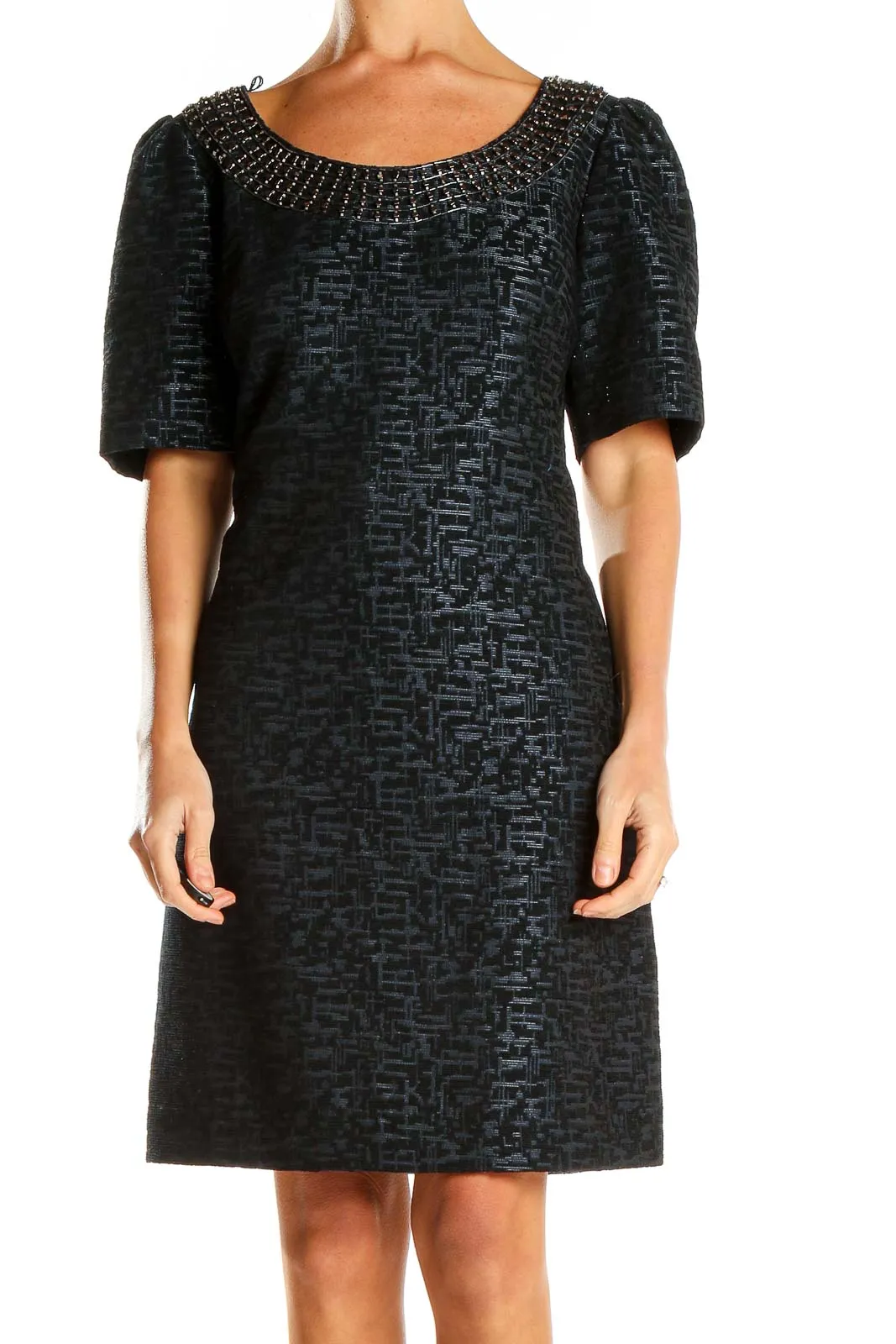 Black Textured Cocktail Dress with Beaded Neckline