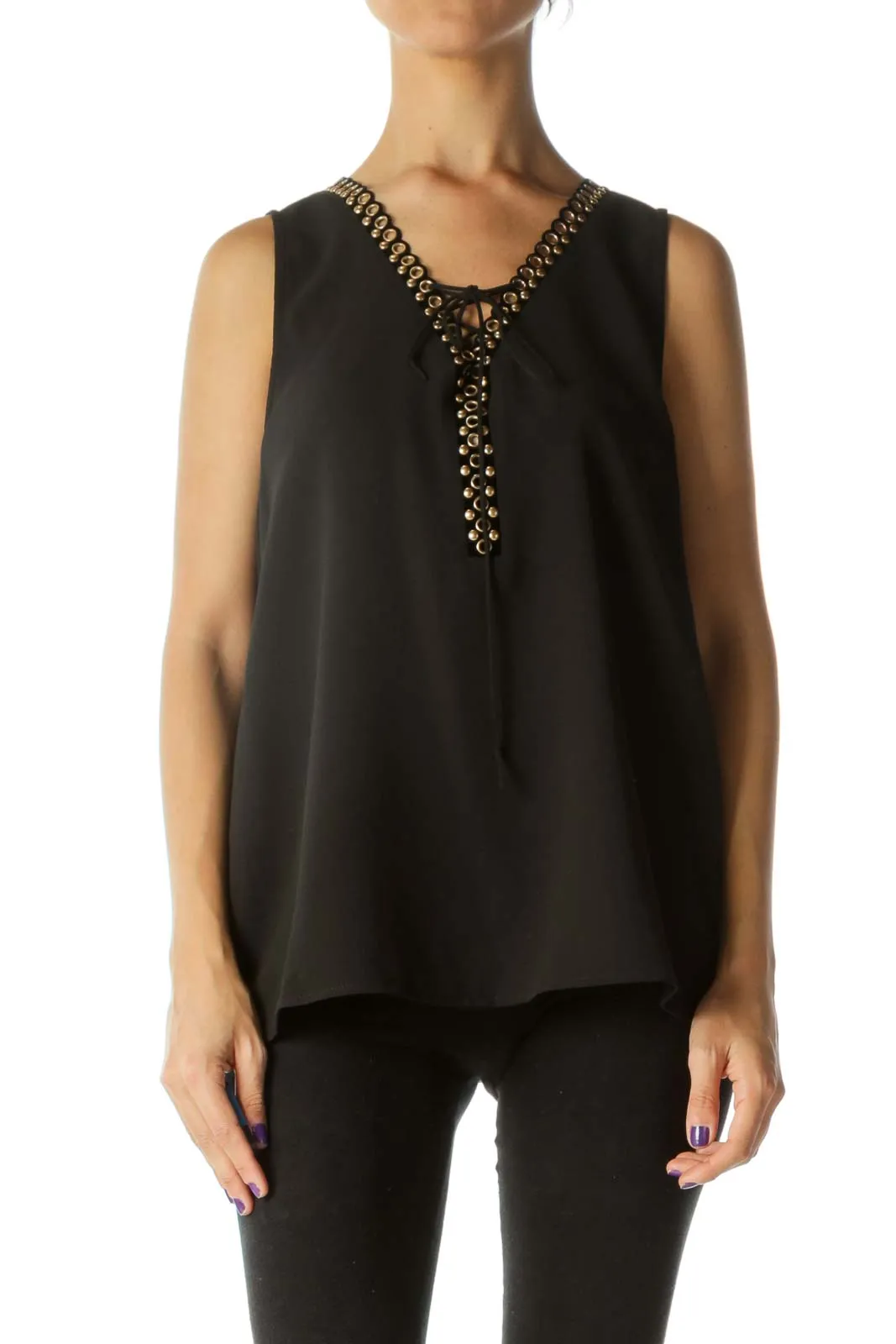 Black V-Neck Velvet Studs Grommets Detail Tank Top