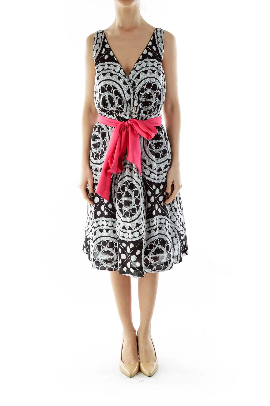 Black White Pink V-Neck Print Dress with Sash