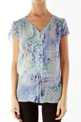 Blue Green V-Neck Buttoned Pleated Blouse