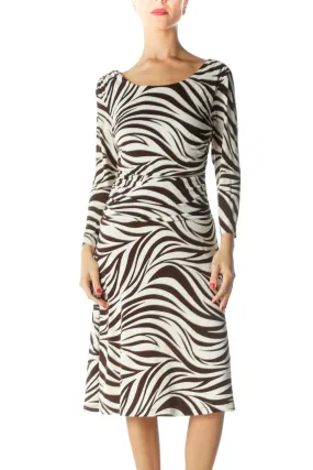 Brown Cream Boat Neck Zebra Print Dress