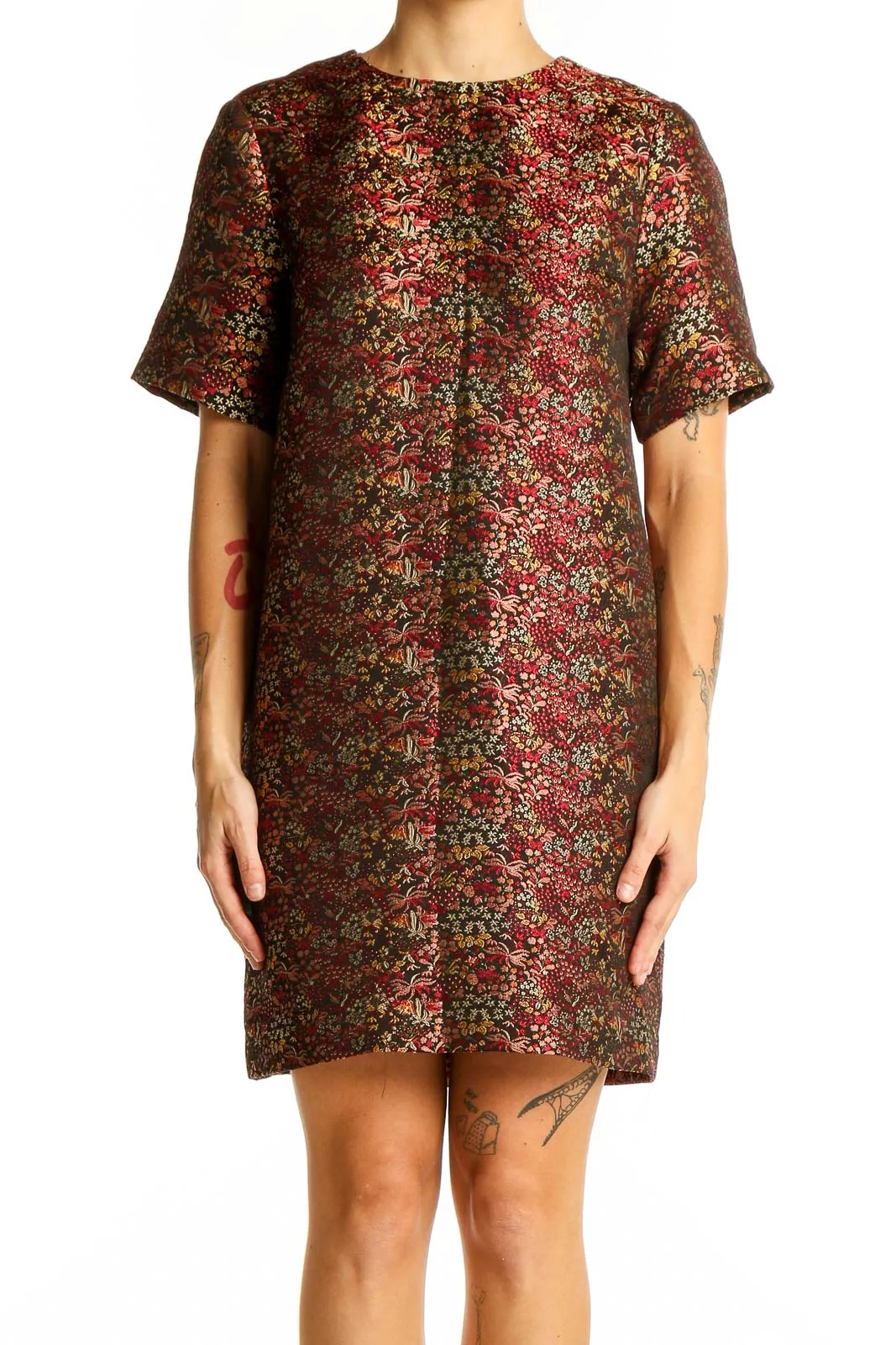 Burgundy Floral Print Short Sleeve Dress