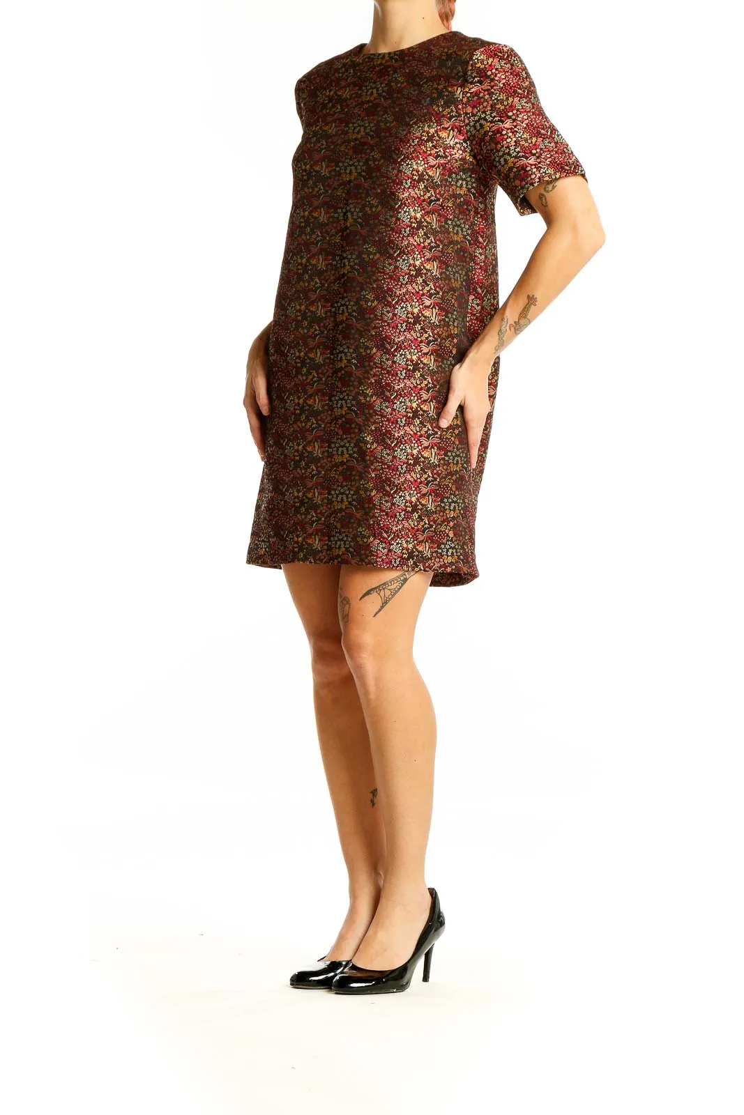 Burgundy Floral Print Short Sleeve Dress