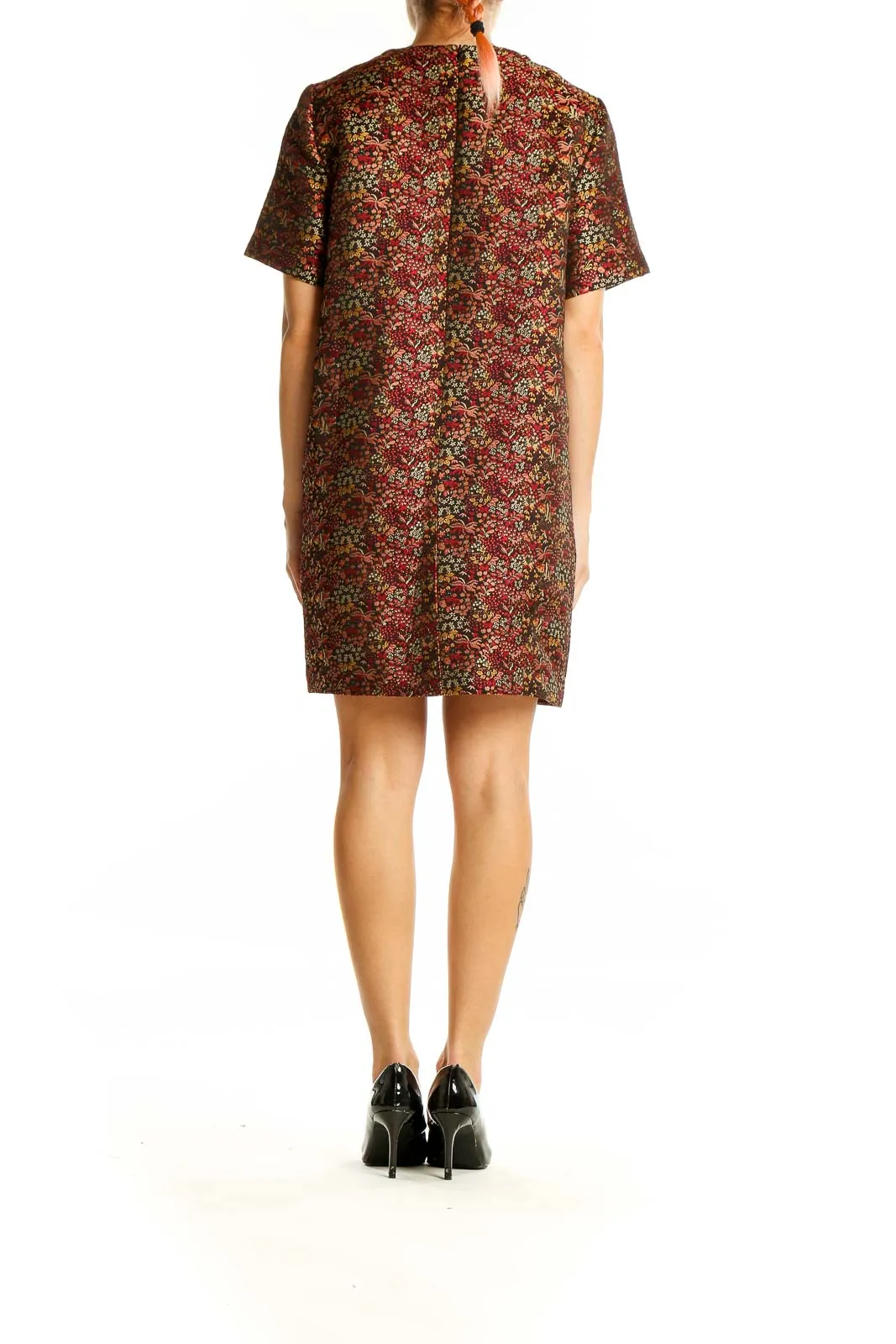 Burgundy Floral Print Short Sleeve Dress