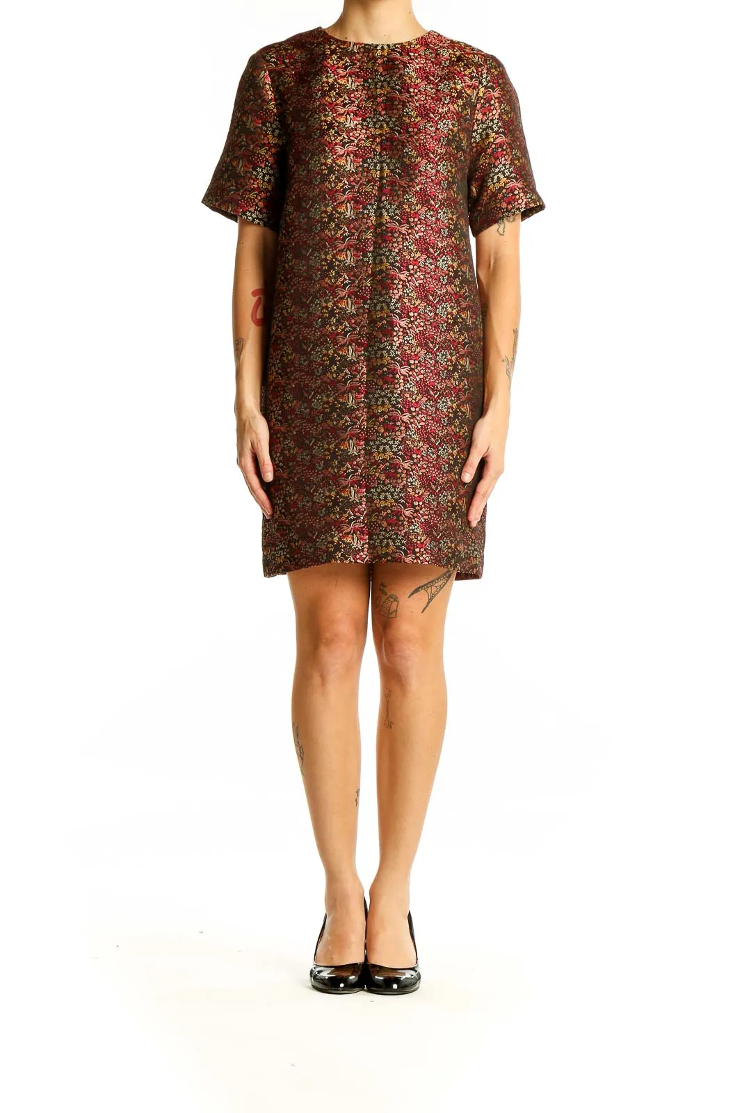 Burgundy Floral Print Short Sleeve Dress