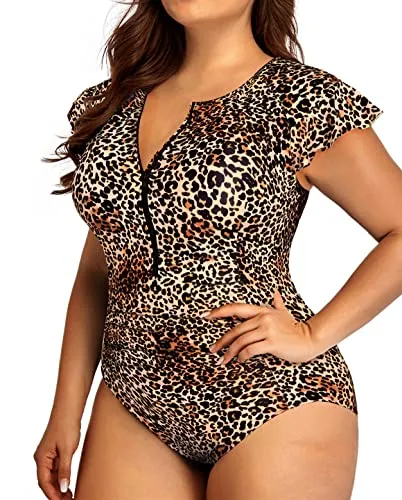 Cap Sleeves Cap Sleeves One Piece Swimsuits For Curvy Women-Leopard