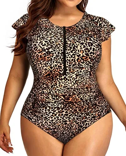 Cap Sleeves Cap Sleeves One Piece Swimsuits For Curvy Women-Leopard