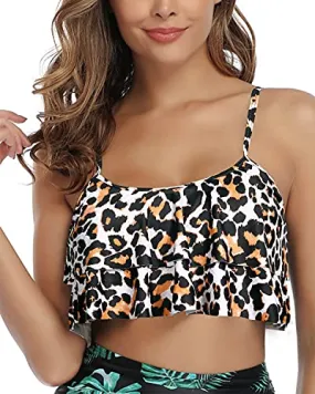 Charming Flounce Swim Top Swimsuit Tank Top For Women-Leopard