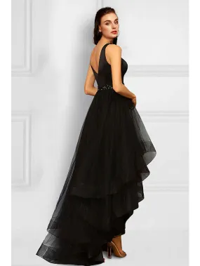 Cocktail Dresses Elegant Dress Party Wear Asymmetrical Sleeveless V Neck Organza with Rhinestone Ruffles