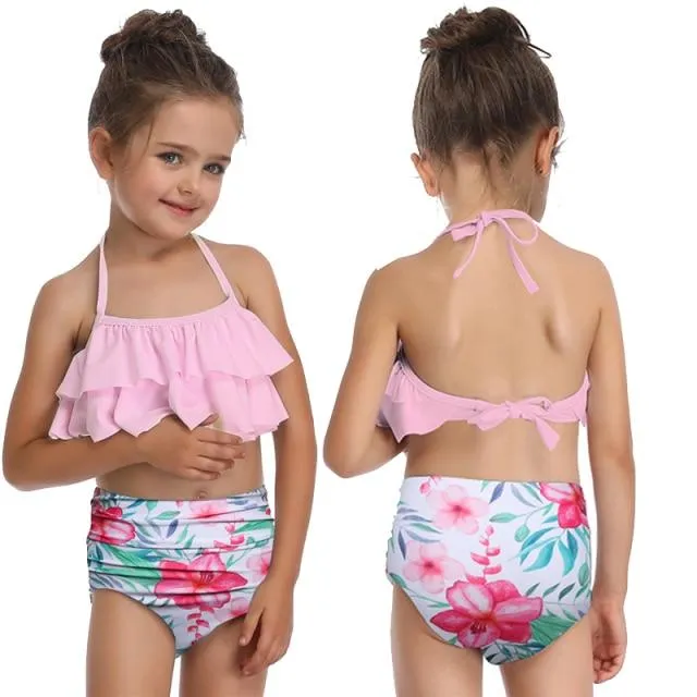 Cute Skin-friendly Split High Waist Ruffle Swimsuits For Toddlers/Teenage Girls