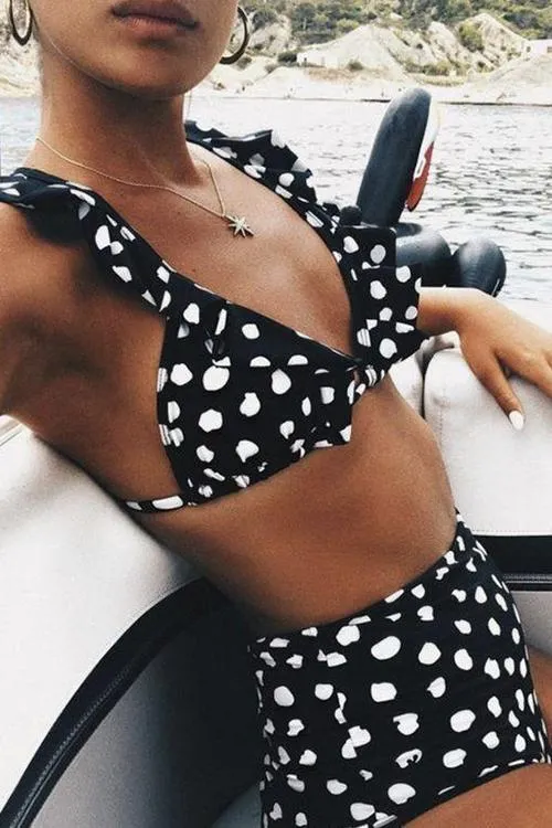 Dot Print Ruffles High Waist Bikini Set