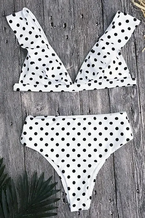 Dot Print Ruffles High Waist Bikini Set