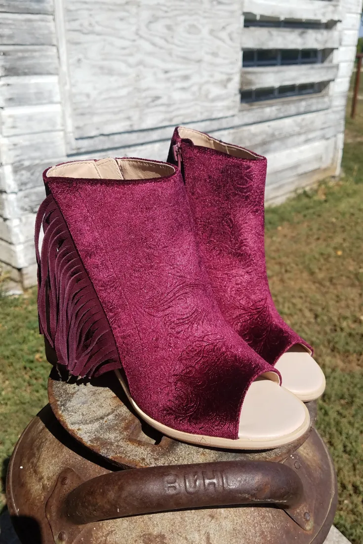 Embossed Velvet Fringe Bootie