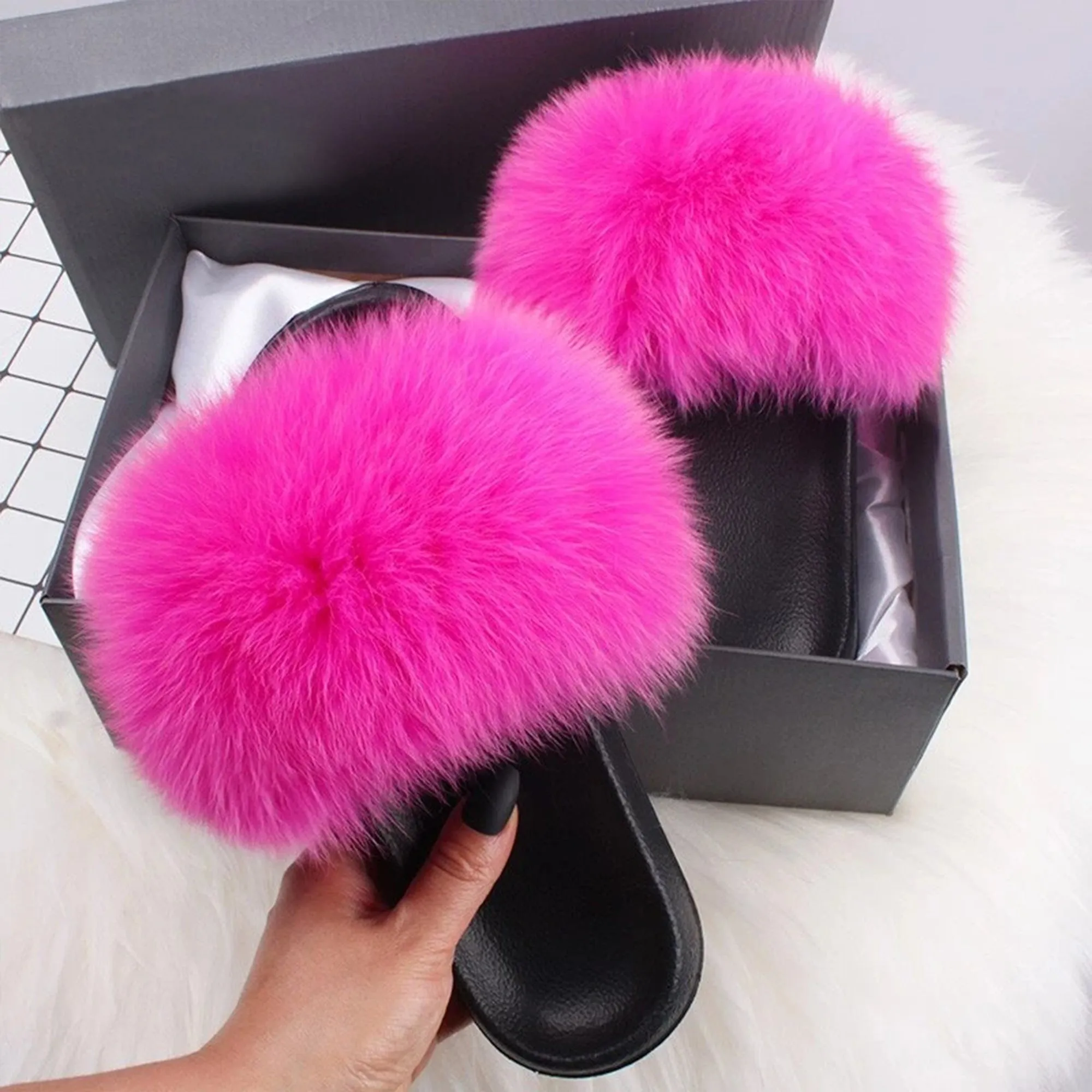 Ethel Anderson Fluffy Slippers Real FOX Fur Slides Indoor Flip Flops Casual Shoes Woman Raccoon Fur Sandals Vogue Plush Shoes