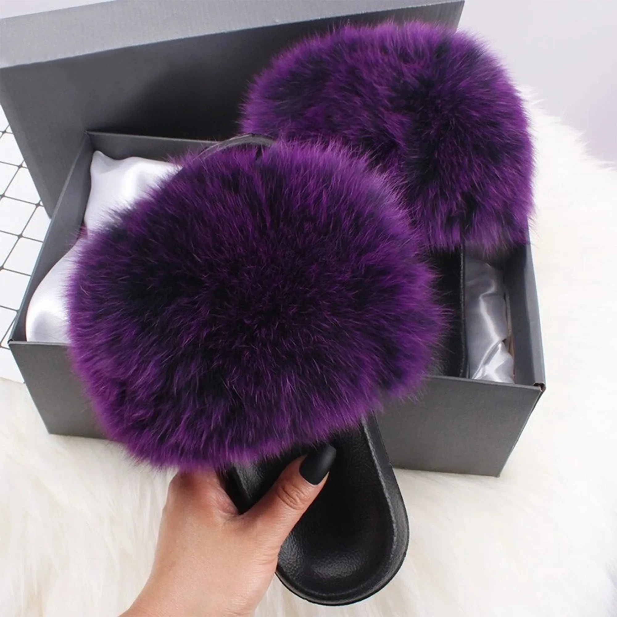 Ethel Anderson Fluffy Slippers Real FOX Fur Slides Indoor Flip Flops Casual Shoes Woman Raccoon Fur Sandals Vogue Plush Shoes