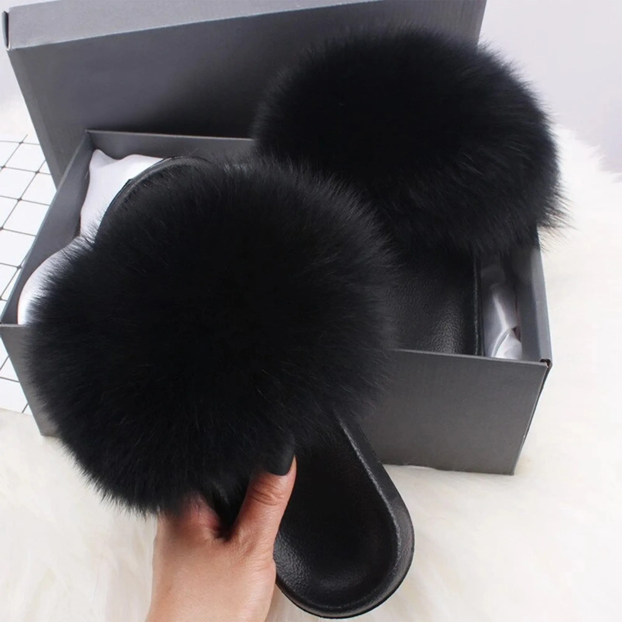 Ethel Anderson Fluffy Slippers Real FOX Fur Slides Indoor Flip Flops Casual Shoes Woman Raccoon Fur Sandals Vogue Plush Shoes