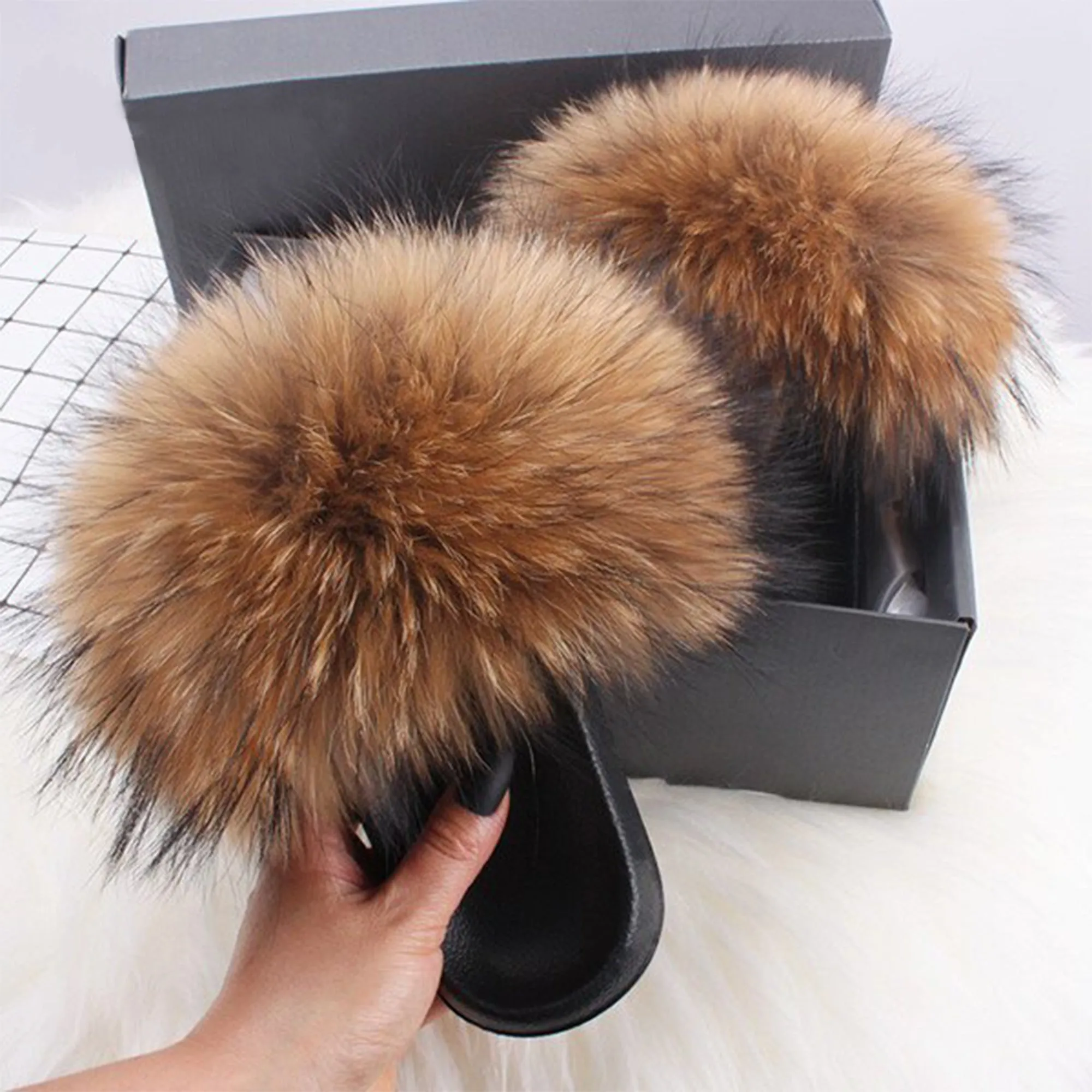 Ethel Anderson Fluffy Slippers Real FOX Fur Slides Indoor Flip Flops Casual Shoes Woman Raccoon Fur Sandals Vogue Plush Shoes