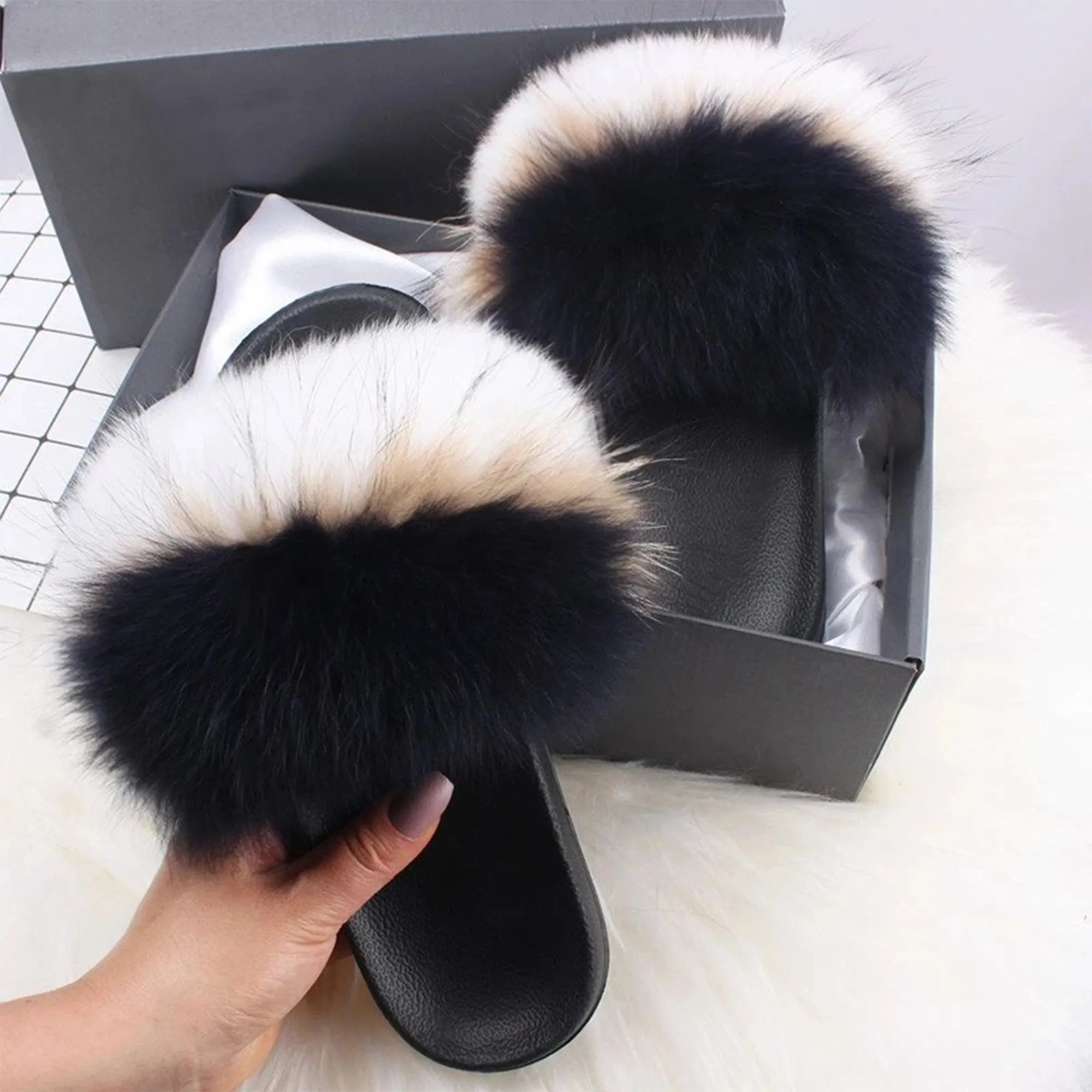 Ethel Anderson Fluffy Slippers Real FOX Fur Slides Indoor Flip Flops Casual Shoes Woman Raccoon Fur Sandals Vogue Plush Shoes