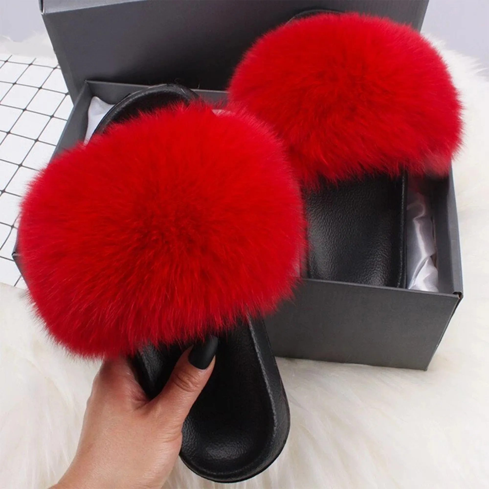 Ethel Anderson Fluffy Slippers Real FOX Fur Slides Indoor Flip Flops Casual Shoes Woman Raccoon Fur Sandals Vogue Plush Shoes