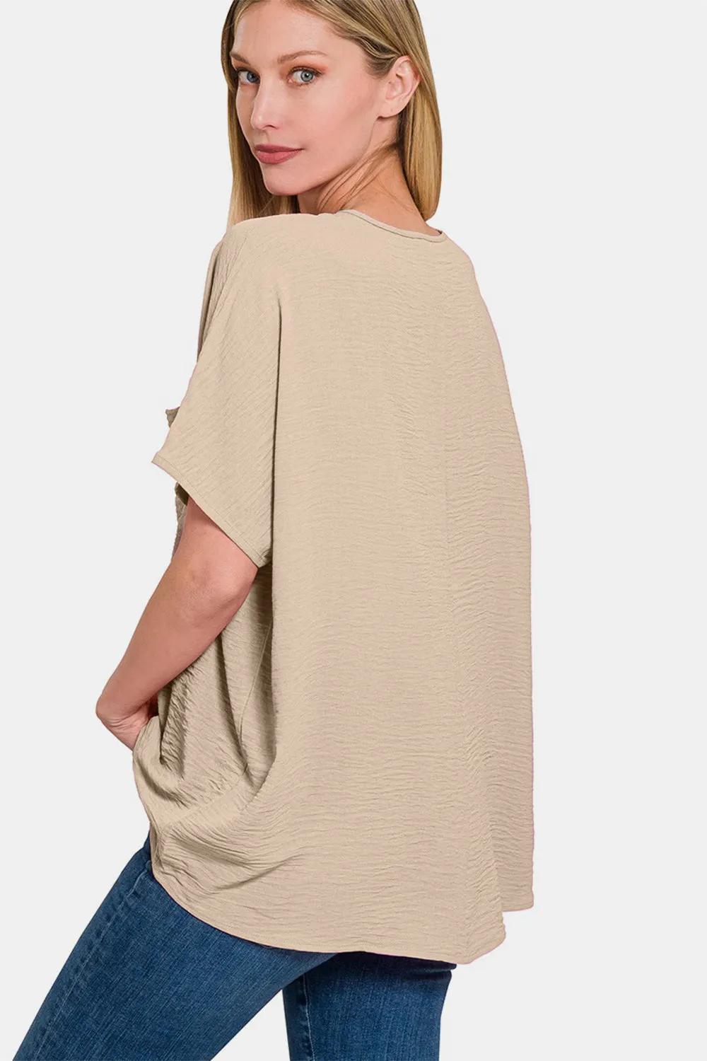 Full Size Texture V-Neck Short Sleeve Top