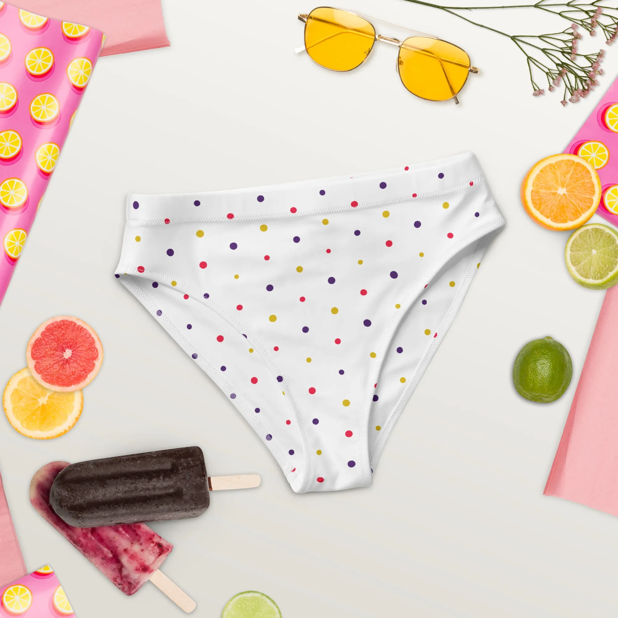 High Waisted Bikini Bottom - Small Colorful Dots (Glamourange Cheeky High Waisted Bikini Bottom With Graphics)