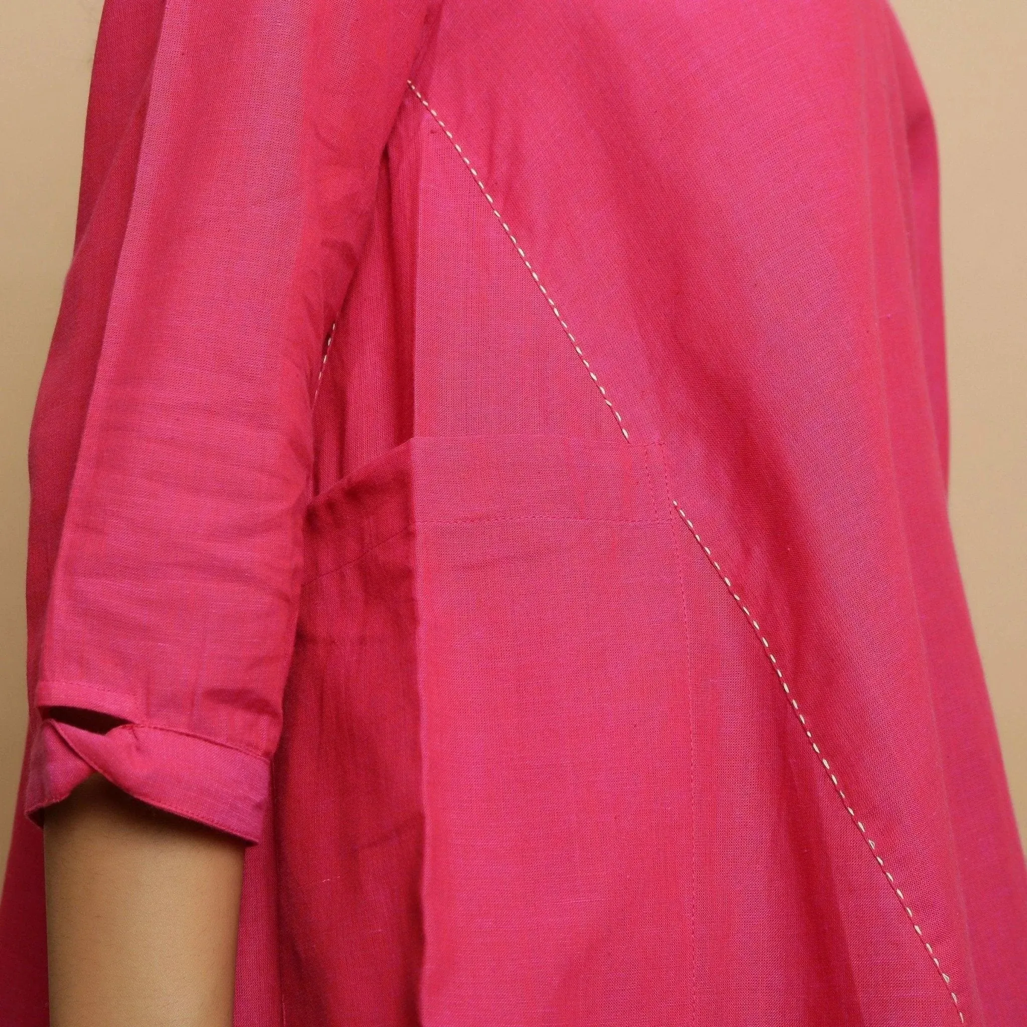 Magenta Mangalgiri Cotton V-Neck Godet Flared Top