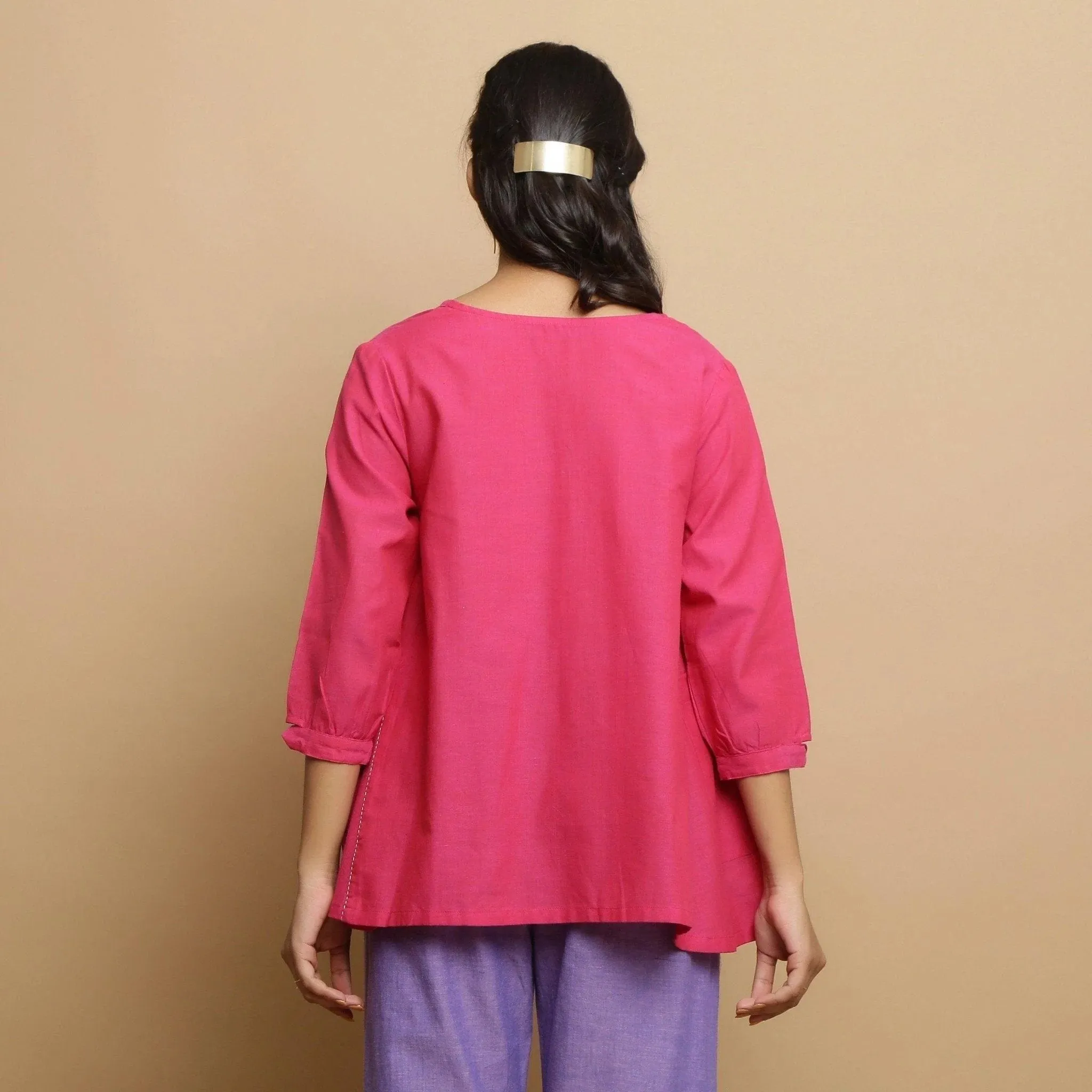 Magenta Mangalgiri Cotton V-Neck Godet Flared Top