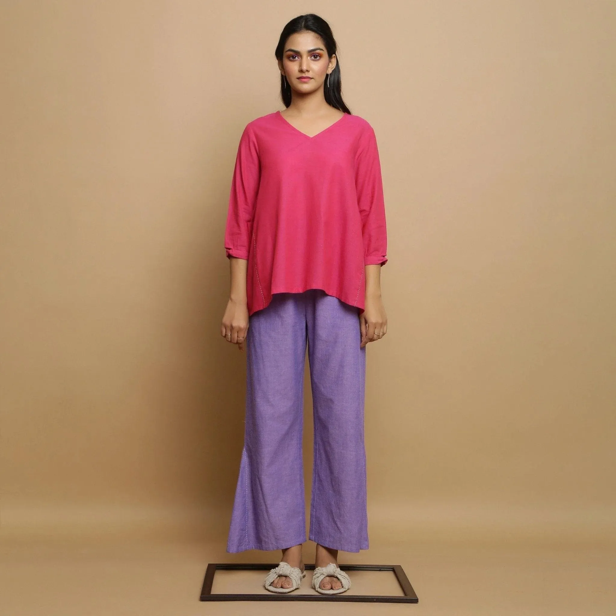 Magenta Mangalgiri Cotton V-Neck Godet Flared Top