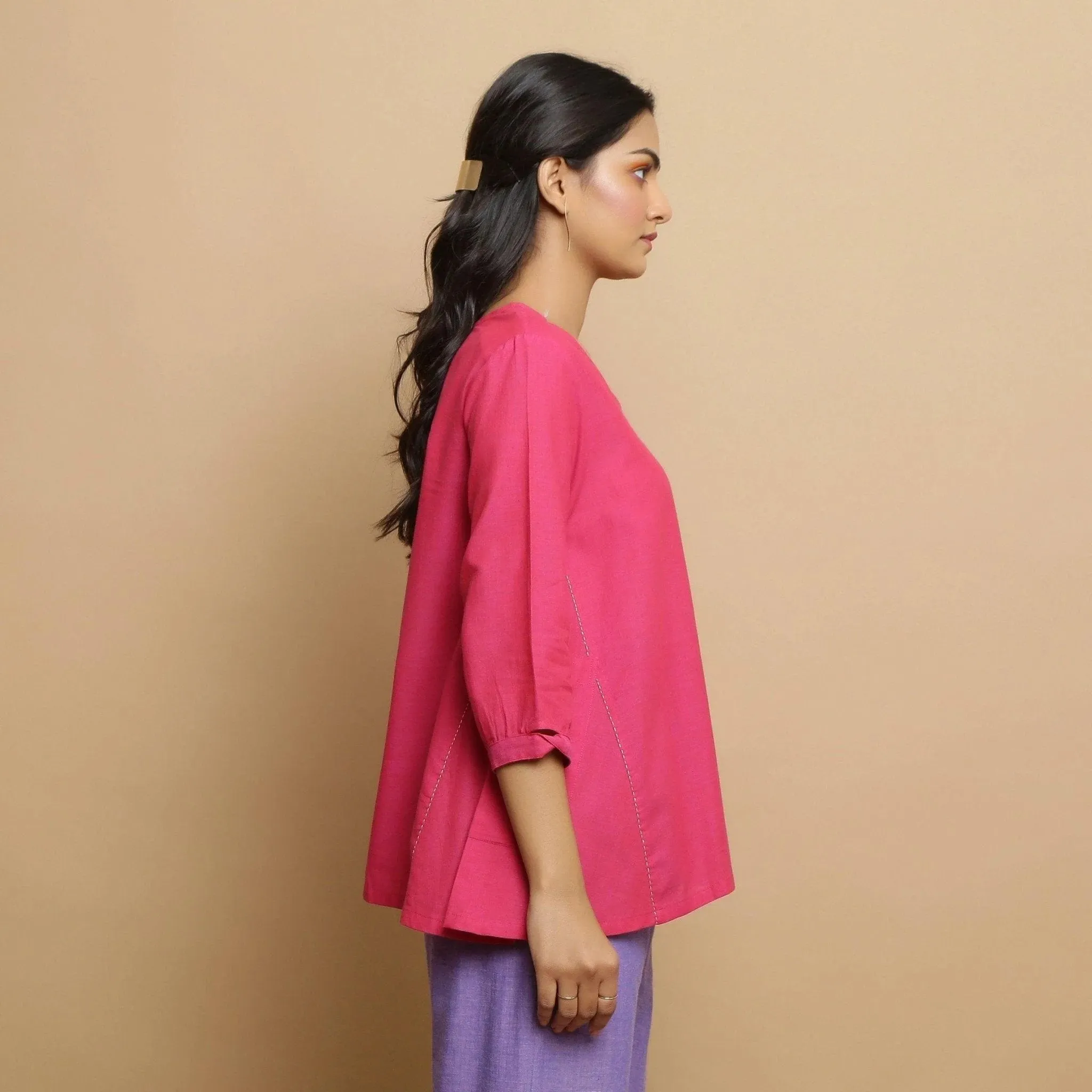 Magenta Mangalgiri Cotton V-Neck Godet Flared Top