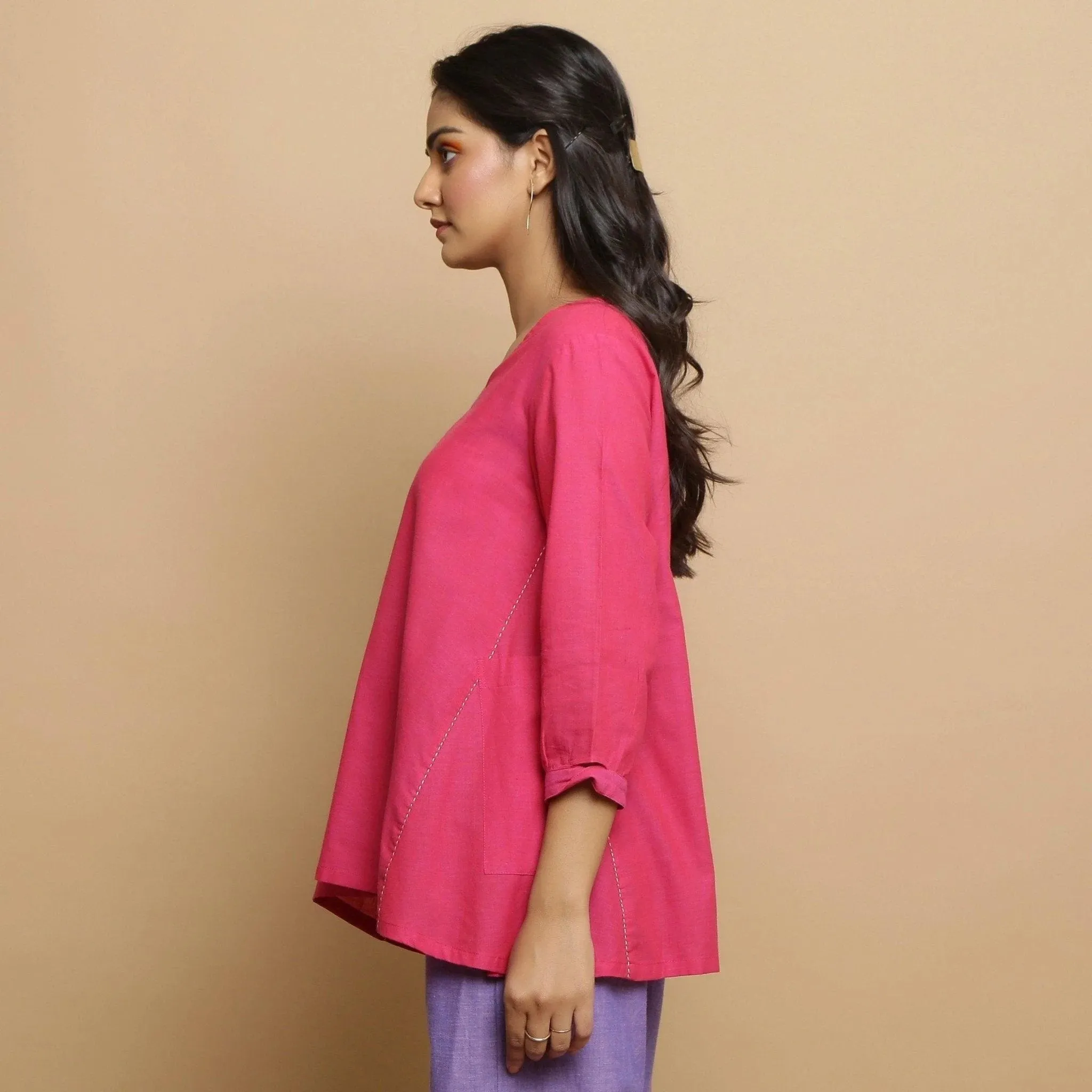 Magenta Mangalgiri Cotton V-Neck Godet Flared Top