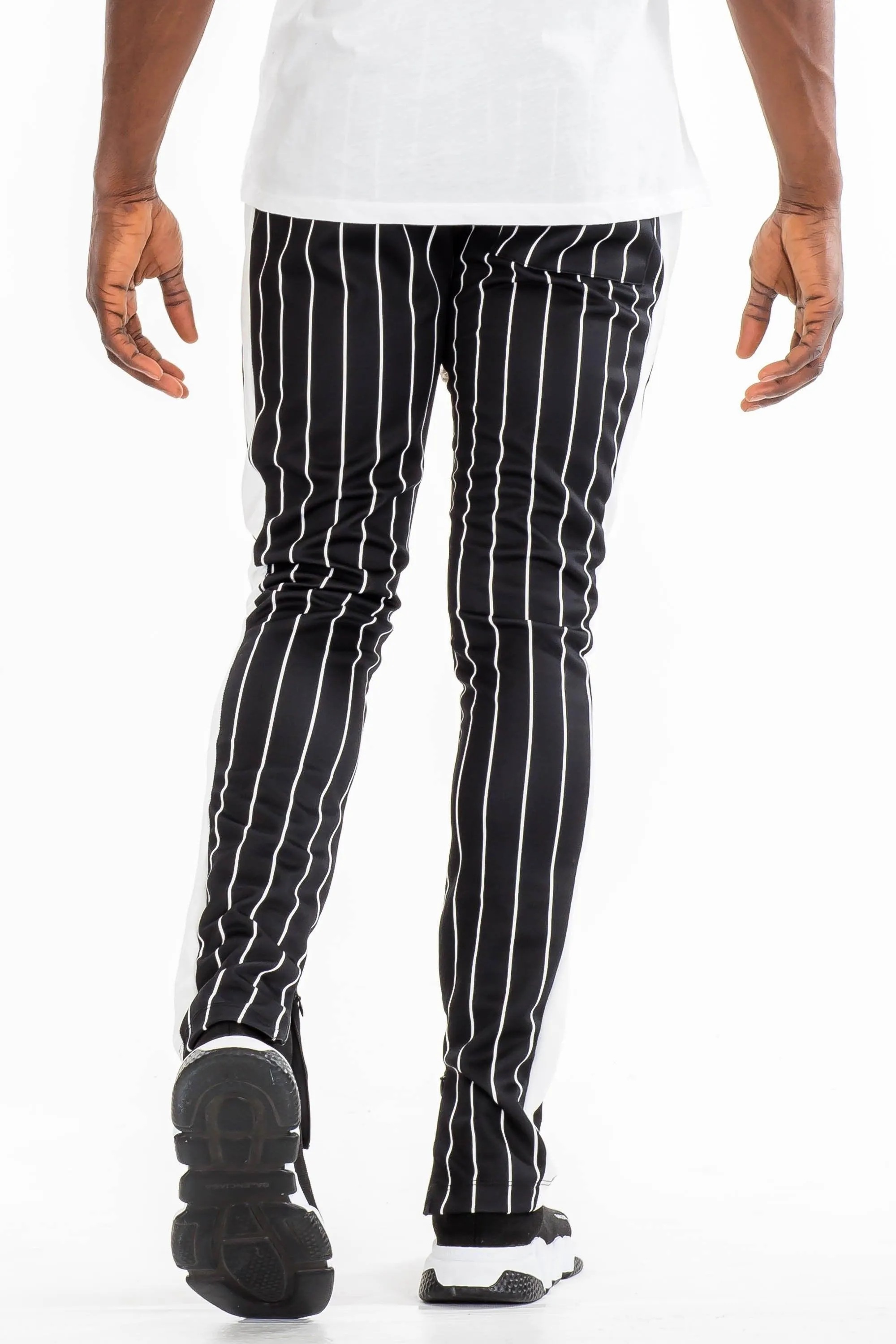 Mens Black And White Pinstripe Slim Track Pants