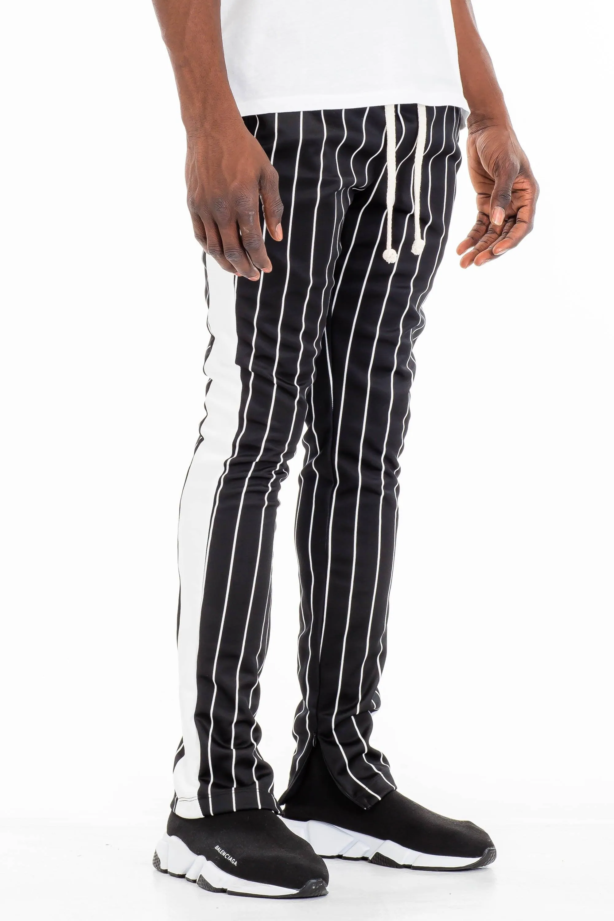 Mens Black And White Pinstripe Slim Track Pants