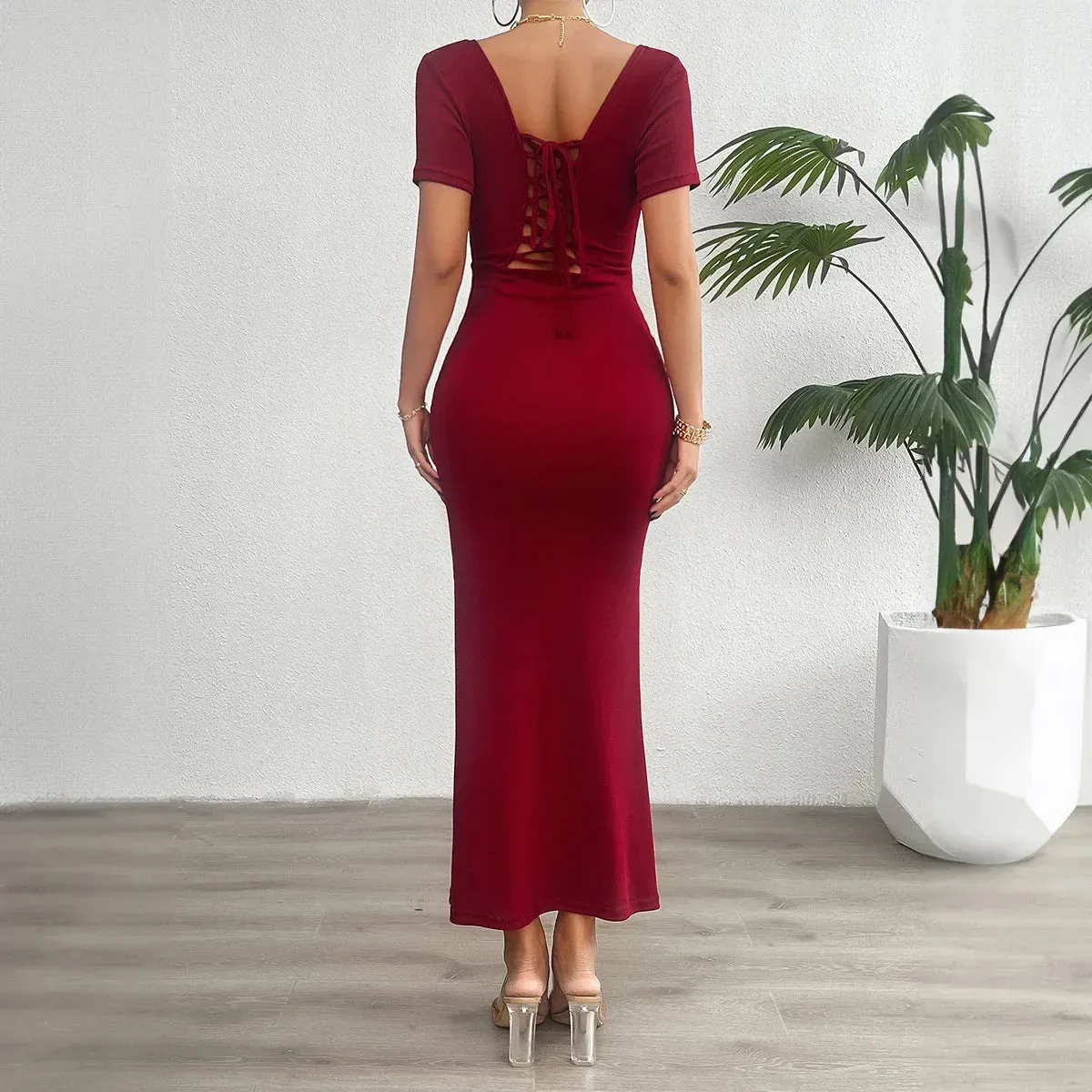 Mermaid Cocktail Style Lace-Up Midi Dress for Special Occasions