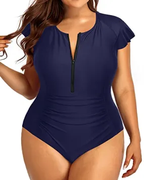 One Piece Rash Guard Swimwear With Zipper Front For Curvy Women-Navy Blue